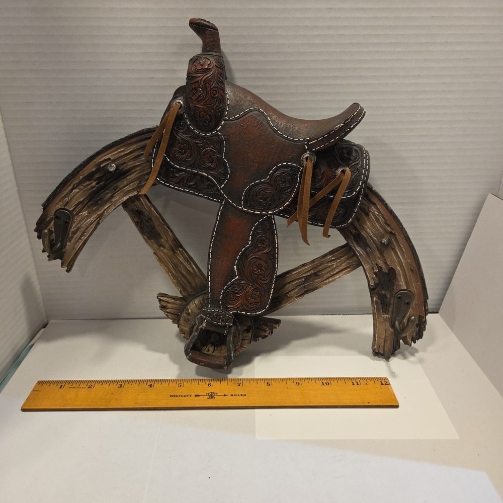 Western Wagon Wheel Decor Horse Saddle Coat Hat Rack‎ with Hooks 14" Wide Heavy